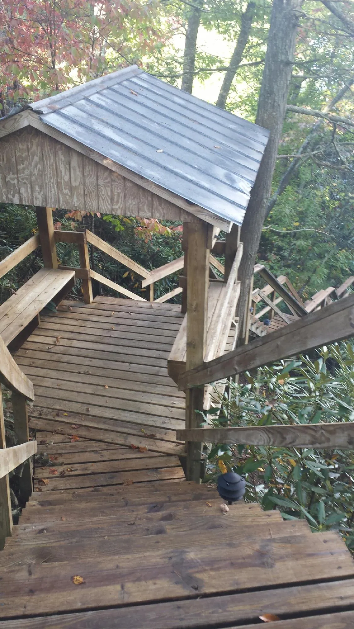 Metal roofed shelter over wooden steps on a wooded walkway — Skylight Repair & Installation work by our crew in Nesmith